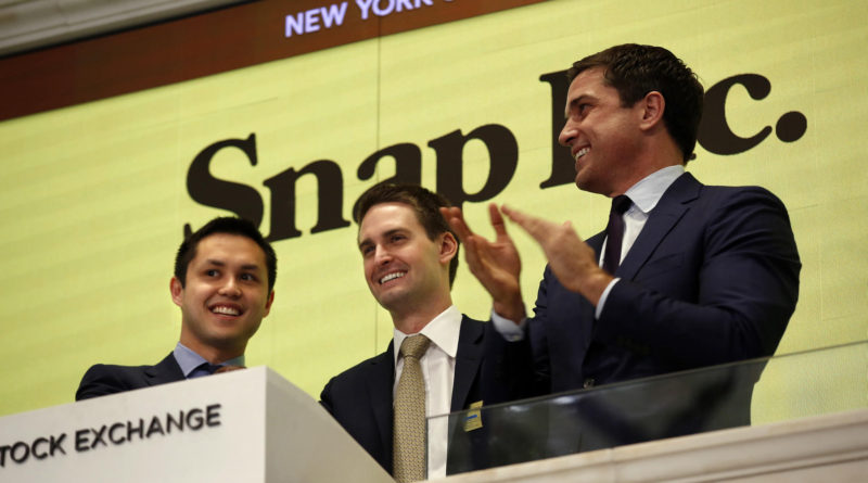 Snap Inc. Co-founders Bobby Murphy and Evan Spiegel with NYSE Group President Tom Farley.